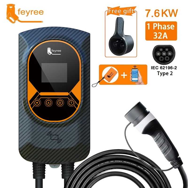 Зарядная станция Feyree EV 32А для электромобилей, настенное зарядное устройство EVSE 7.6/11/22 кВт, кабель Type2 IEC62196, управление через приложение Новая Энергия транспортного средства Детали и аксессуары
