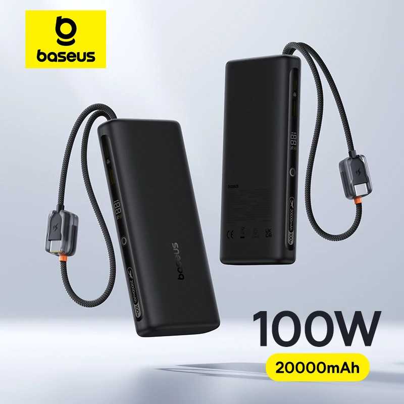 Baseus Power Bank 20000 мАч, 100 Вт, встроенный двойной кабель USB-C, быстрая зарядка, внешний аккумулятор с цифровым дисплеем для iPhone 17 Pro Max Samsung Аксессуары для мобильных телефонов