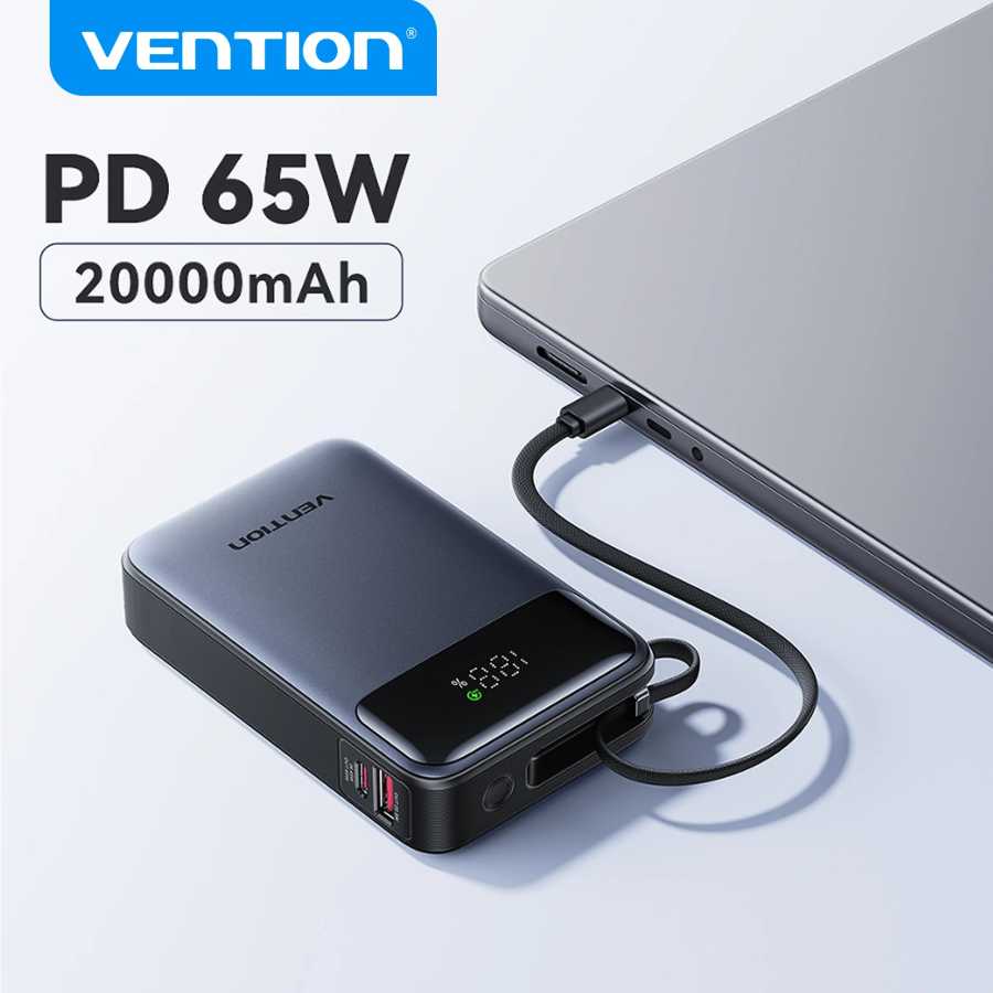 Портативный внешний аккумулятор Vention 65W 20000 мАч со встроенным кабелем USB-C, быстрая зарядка PD для ноутбуков, iPhone 17, Samsung S25, S24 Аксессуары для мобильных телефонов