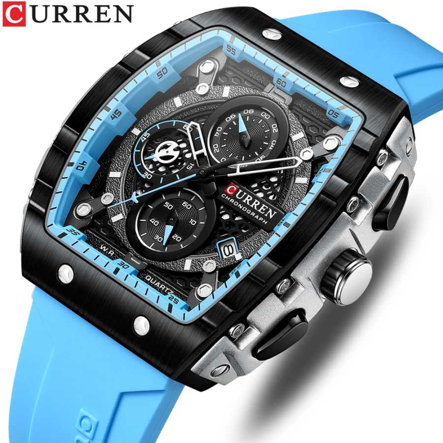 CURREN Tonneau спортивные часы с циферблатом для мужчин модные водонепроницаемые кварцевые наручные часы с автоматической датой Желтый силиконовый ремешок светящийся Мужские часы