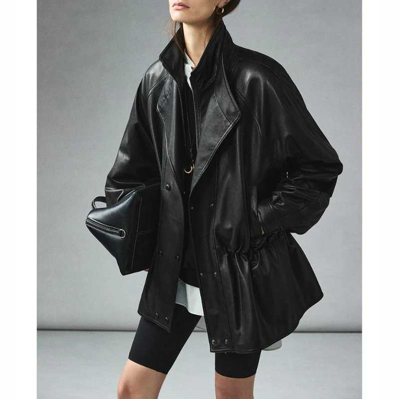 Veste весенне-осенняя кожаная куртка с двойным воротником и нарисованной талией в стиле ретро, свободное узкое кожаное пальто средней длины для женщин Пальто и куртки