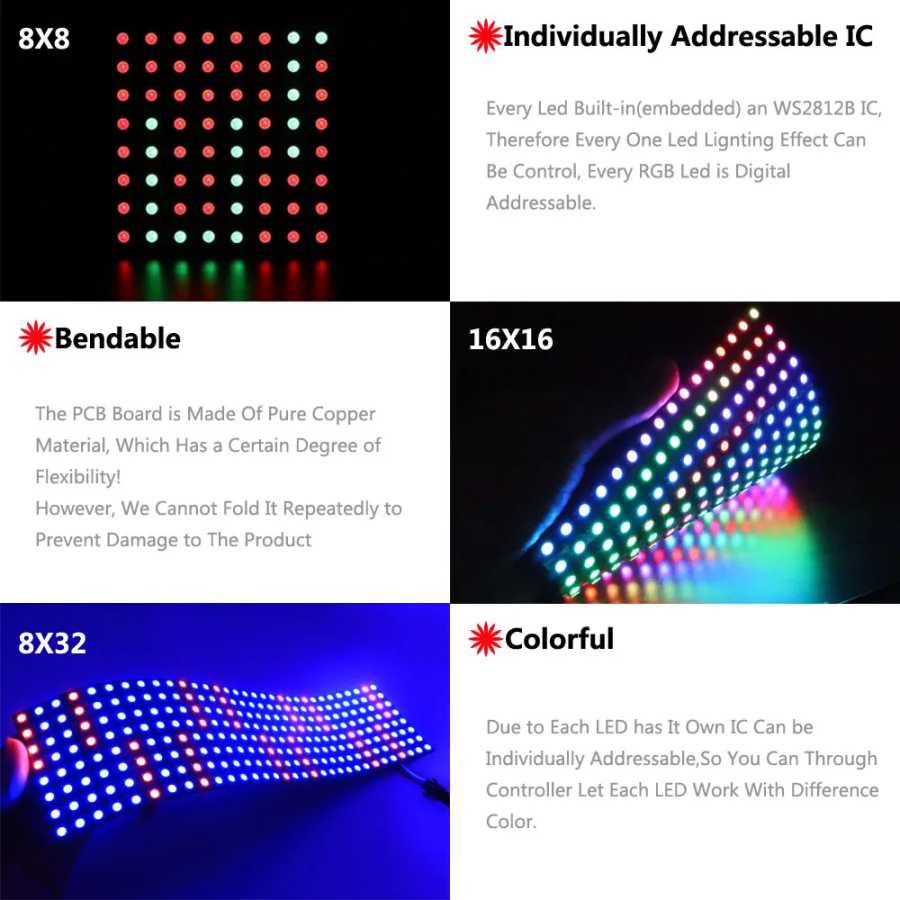 Фотография №3 товара 1-10 шт. WS2812B RGB гибкий 4X12 8X8 16x16 8x32 пикселей