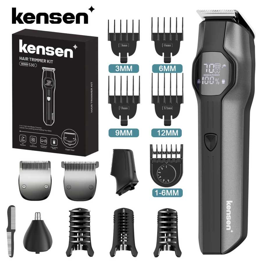 Беспроводная машинка для стрижки волос Kensen S30 4-в-1 с LED-дисплеем, триммер для бороды/носа, перезаряжаемый набор для груминга, машинка для стрижки волос Техника для красоты