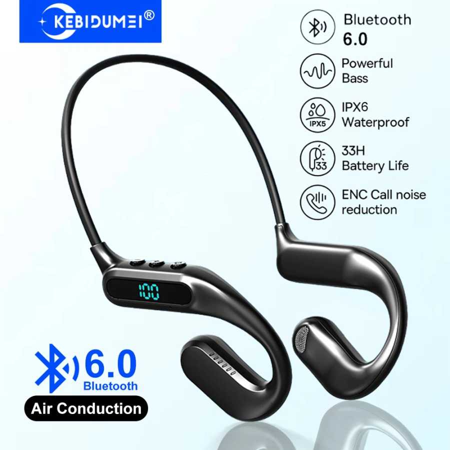 Наушники KEBIDUMEI Bluetooth 6.0 с воздушной проводимостью, беспроводные спортивные наушники с шейным ремешком, Hi-Fi стерео гарнитура с шумоподавлением Портативное аудио и видео