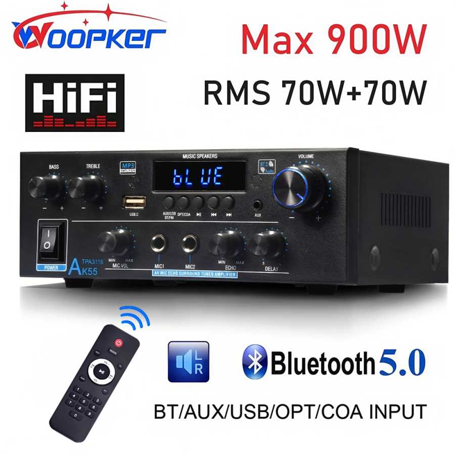 Усилитель Woopker AK55 900 Вт Макс. 2,0-канальный рейтинг 70 Вт + 70 Вт Bluetooth Audio Hi-Fi AMP Музыкальный плеер для караоке Поддержка 110 В 220 В 12 В ТВ, аудио- и видеотехника
