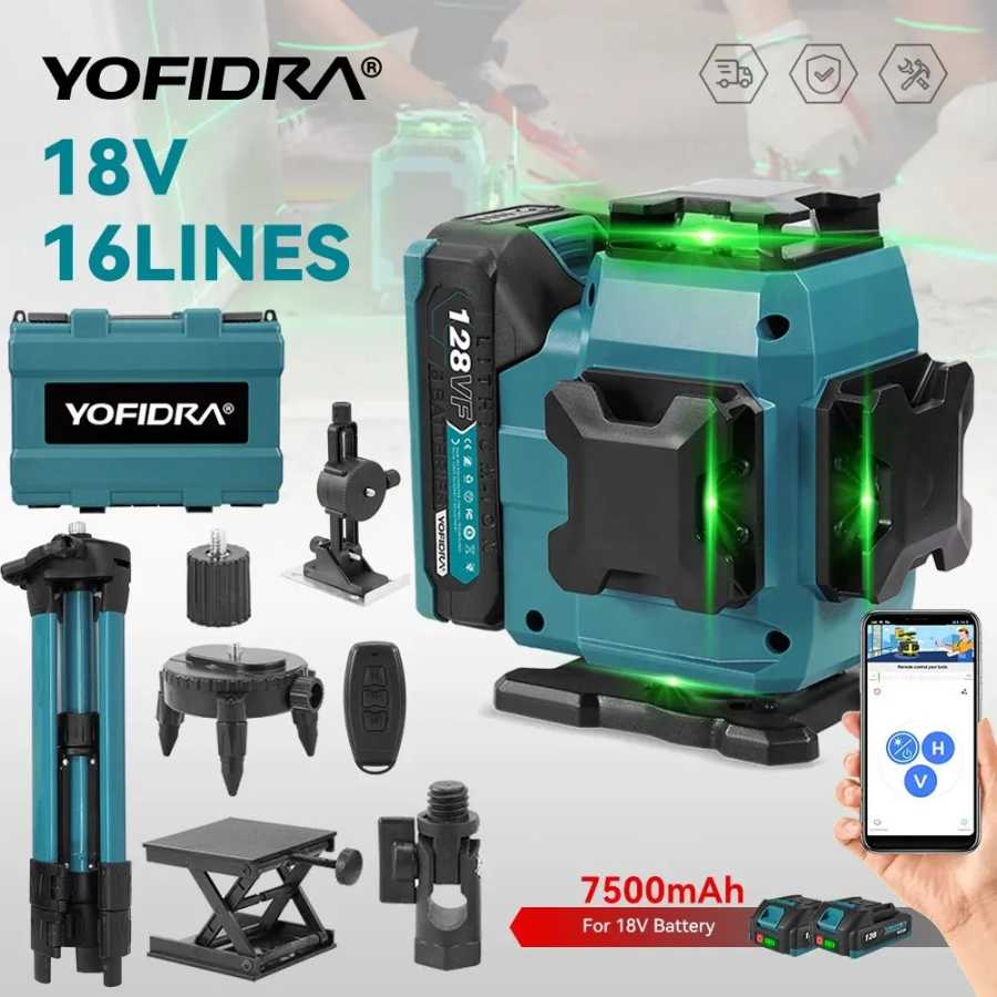YOFIDRA 360 горизонтальный вертикальный 16 линий 4D лазерный уровень автоматический самовыравнивающийся сверхмощный зеленый луч для батарейного штифта Makita 18 В Инструменты для измерения и анализа