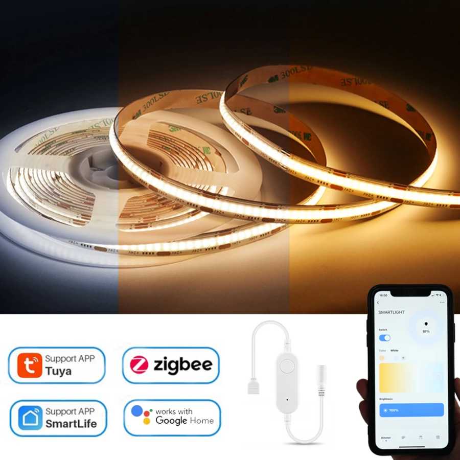 Светодиодная лента Tuya Zigbee COB CCT 12 В, 2 м, 3 м, 5 м, 10 м, гибкая регулируемая декоративная лампа для шкафа и гардероба для Alexa Google Assistant Светодиодная подсветка