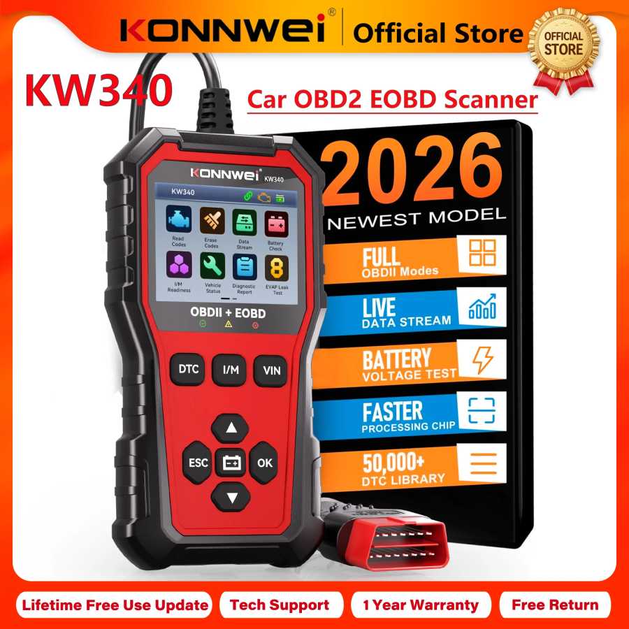 Диагностический сканер KONNWEI KW340 2026 года для автомобилей (CAN, OBD2, EOBD) с функциями тестирования двигателя и аккумулятора, чтения кодов неисправностей, сброса ошибок и отображения данных в реальном времени Инструмент для ремонта автомобилей