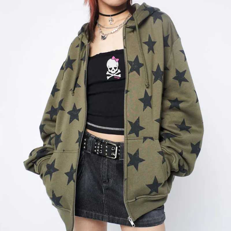 Y2k одежда винтажный свитшот большого размера со звездами куртка Harajuku Goth с длинными рукавами женский свитшот 2000-х годов хип-хоп толстовки на молнии топ Толстовки и свитшоты