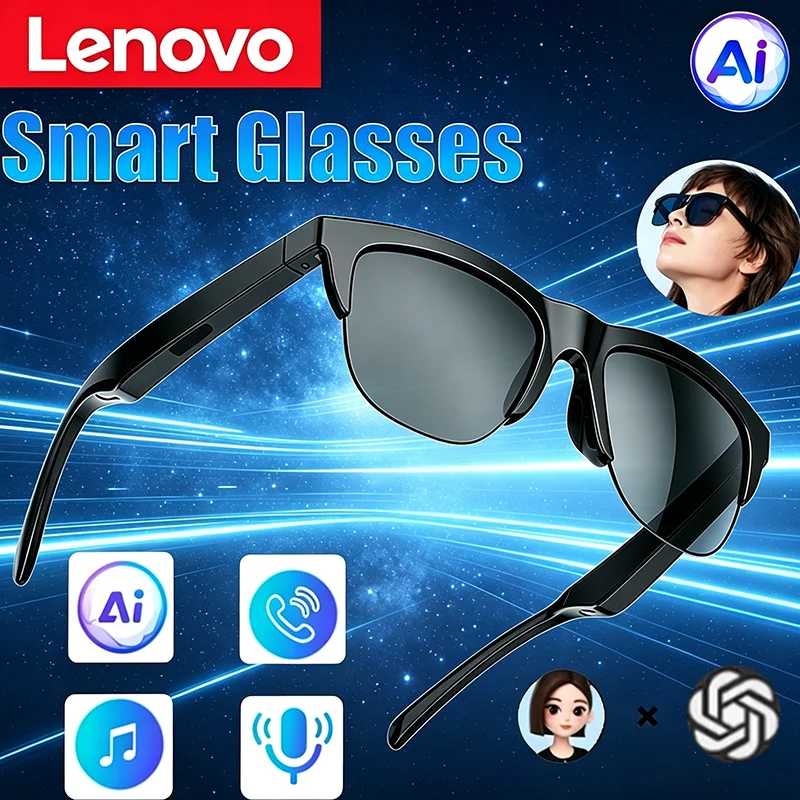 Умные очки Lenovo AI с Bluetooth, управлением музыкой и звонками, беспроводные модные наушники, подарок для мужчин и женщин, спортивные солнцезащитные очки, новинка Умная электроника