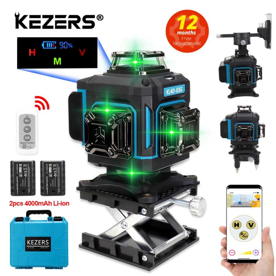 KEZERS цифровой дисплей зеленый лазерный уровень 360 16 линий 4D KL4D-03G самовыравнивающийся чемодан 2 шт. 4000 мАч литиевые батареи Инструменты для измерения и анализа
