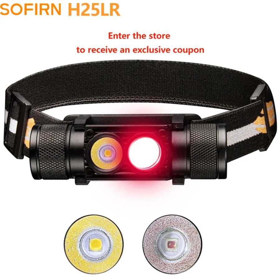 Налобный фонарь H25LR LED с функцией перезарядки, мощный, с ярким белым светом 90 CRI и глубоким красным светом 660 нм Портативное освещение