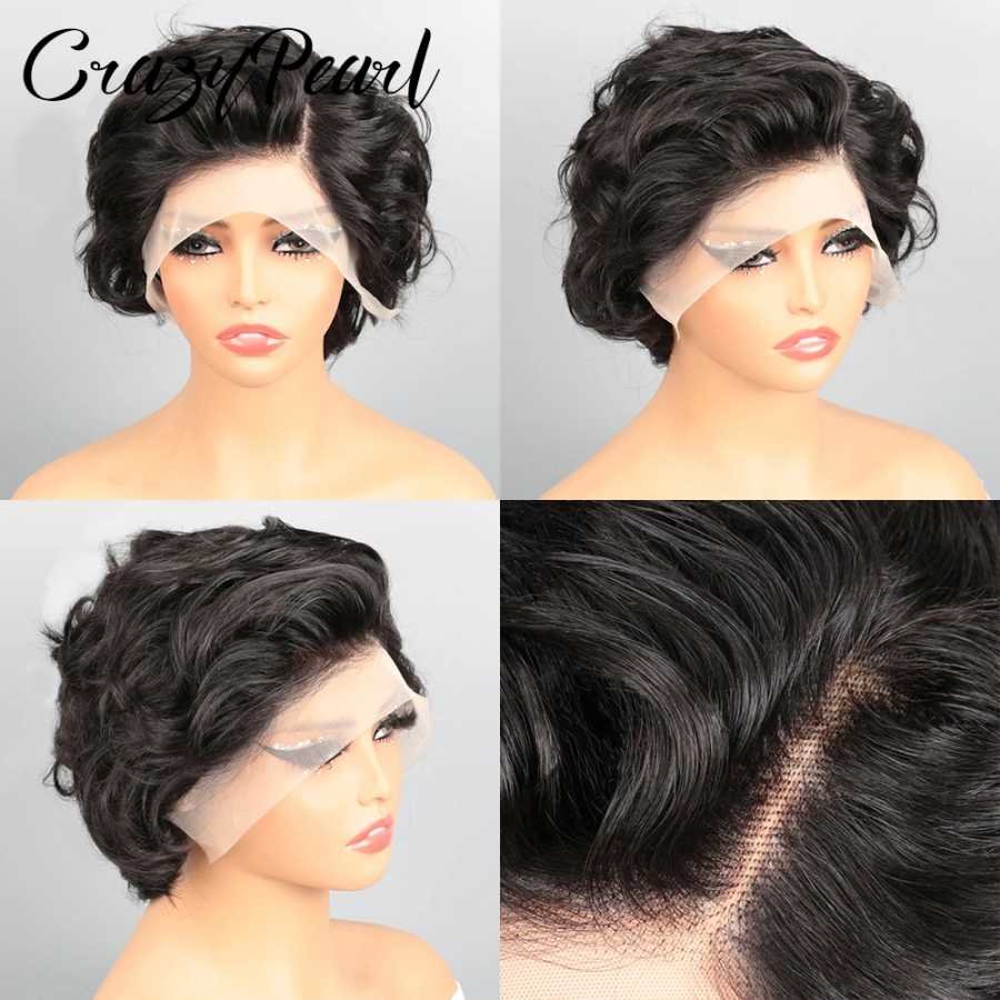 Фотография №1 товара Парик CrazyPearl 13X4 с кружевной передней частью, короткий кудрявый, черный,