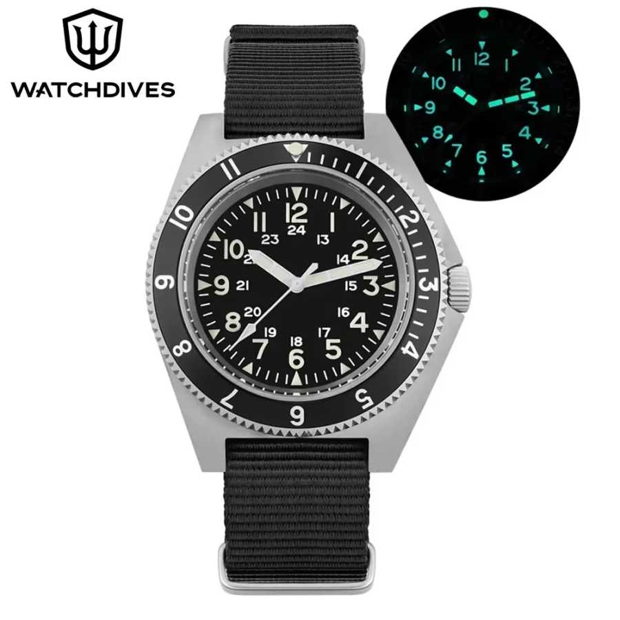 Watchdives WD1972 Кварцевые часы VH31 Sweep Seconds Механизм Сапфировое стекло BGW9 Светящиеся 20 бар Водонепроницаемые винтажные мужские часы Мужские часы