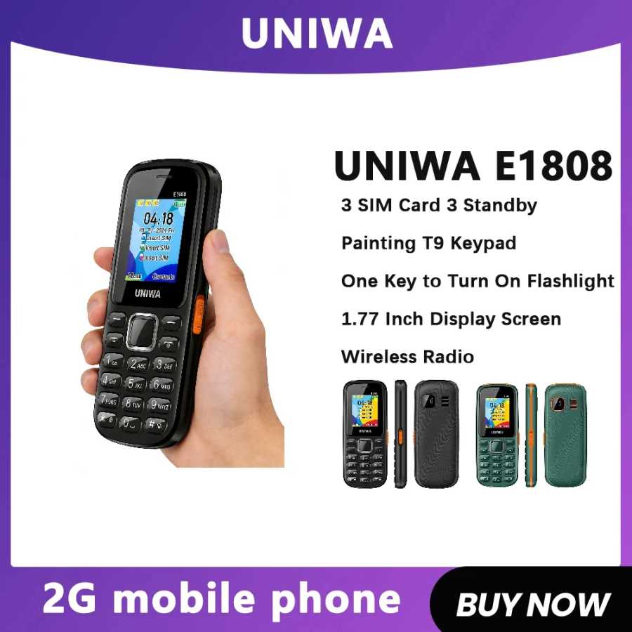 UNIWAE1808 Функция телефона 3 SIM-карты 3, режим ожидания, беспроводной радиофонарик, высокая громкость для Elder, 2G, клавиатура, мобильный телефон Мобильные телефоны