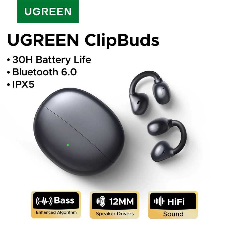 UGREEN ClipBuds Беспроводные наушники с открытыми наушниками Bluetooth 6.0 с 4 микрофонами Clear Call, наушники-вкладыши на клипсе, время воспроизведения 30 часов Портативное аудио и видео