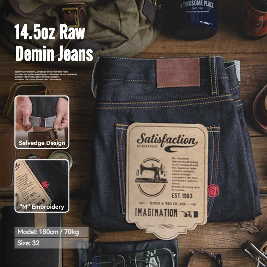 Мужские джинсы Maden Retro 14,5 унций Selvedge Raw Denim с прямыми джинсами на молнии YKK, классические однотонные брюки Деним (новый)