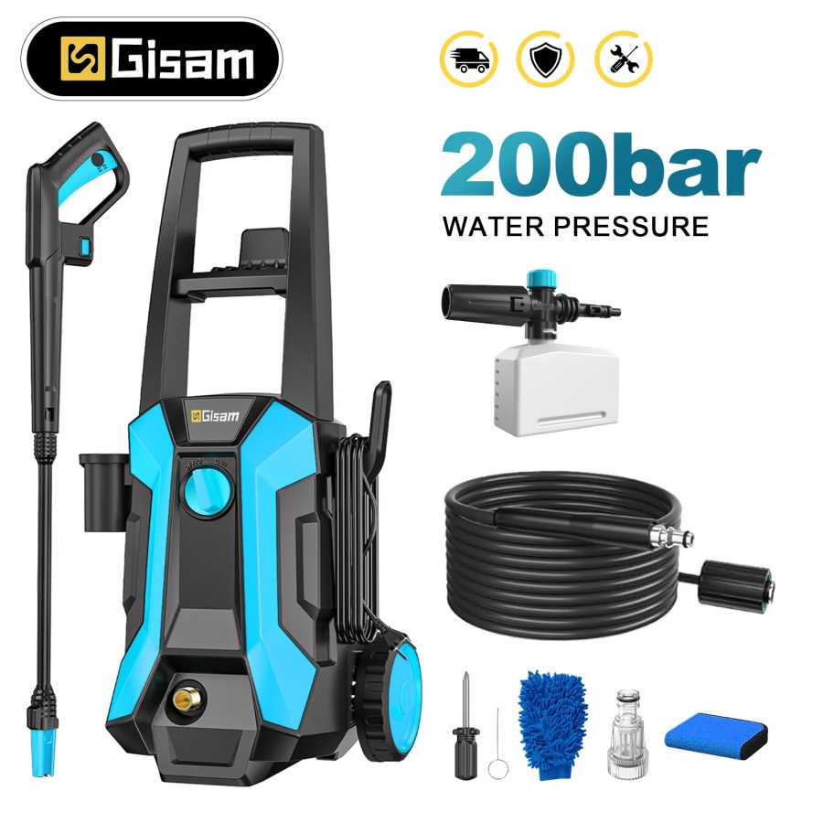 Электрическая мойка высокого давления Gisam 200 бар, 2200 Вт, пистолет для мойки автомобилей и сада, распылитель воды 180&deg; &deg; Регулируемая насадка Садовые инструменты