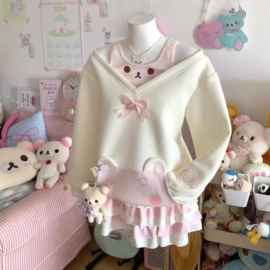 Японские толстовки Kawaii, женские осенние милые повседневные толстовки с бантом и открытыми плечами, элегантные топы в стиле Лолиты, лоскутное пальто Толстовки и свитшоты