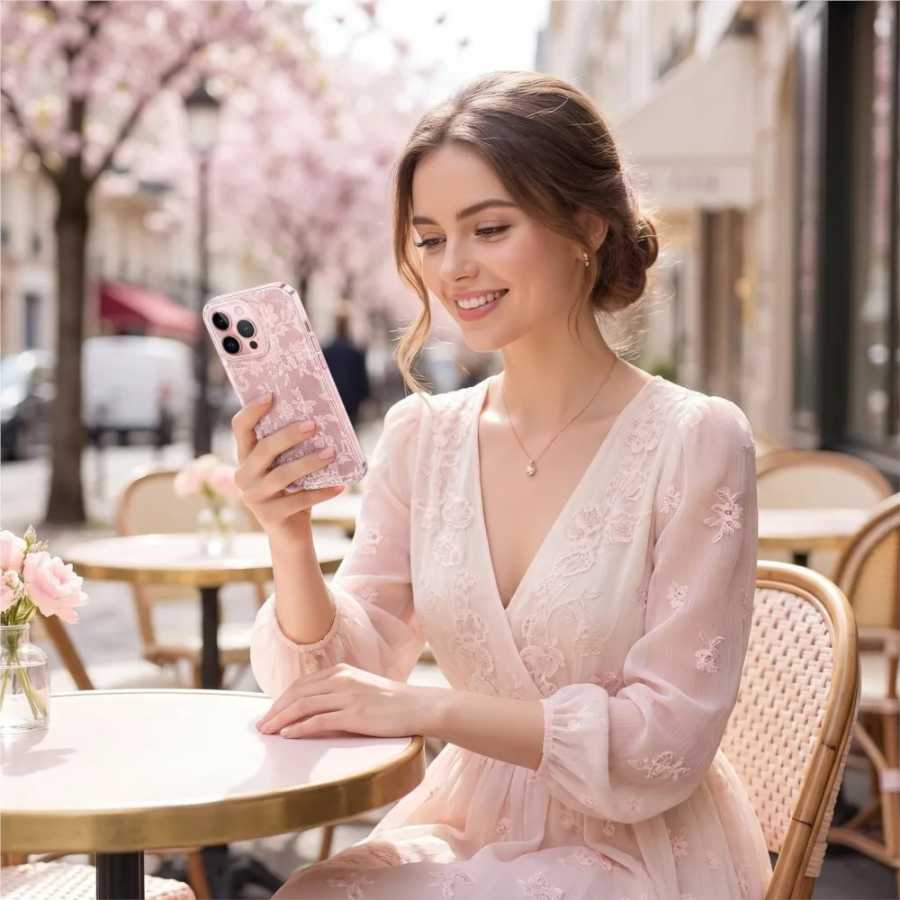 Фотография №3 товара Розовый кружевной прозрачный чехол с цветочным узором для iPhone 17