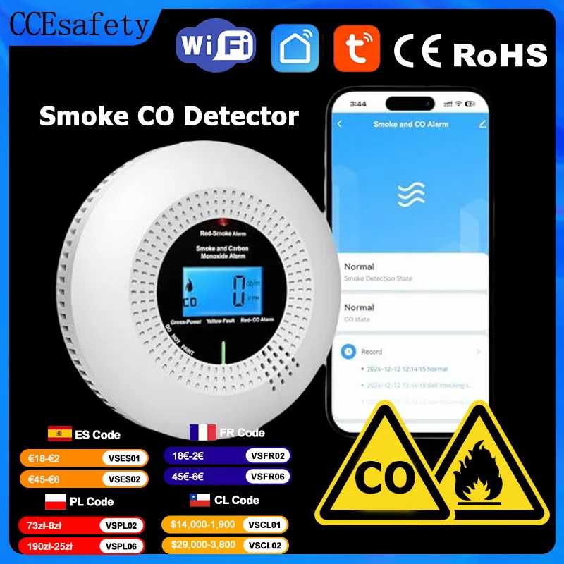 Детектор дыма и угарного газа CCEsafety Wifi Tuya, с 10-летним датчиком, на батарейках, для дома, котельной, камина Умные системы общественной безопасности