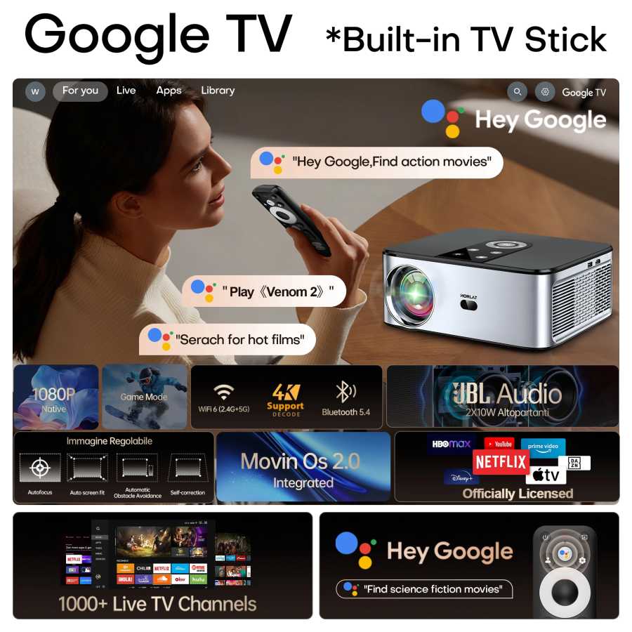 Фотография №2 товара Проектор HORLAT 2000 ANSI люмен 4K LED Google TV Android
