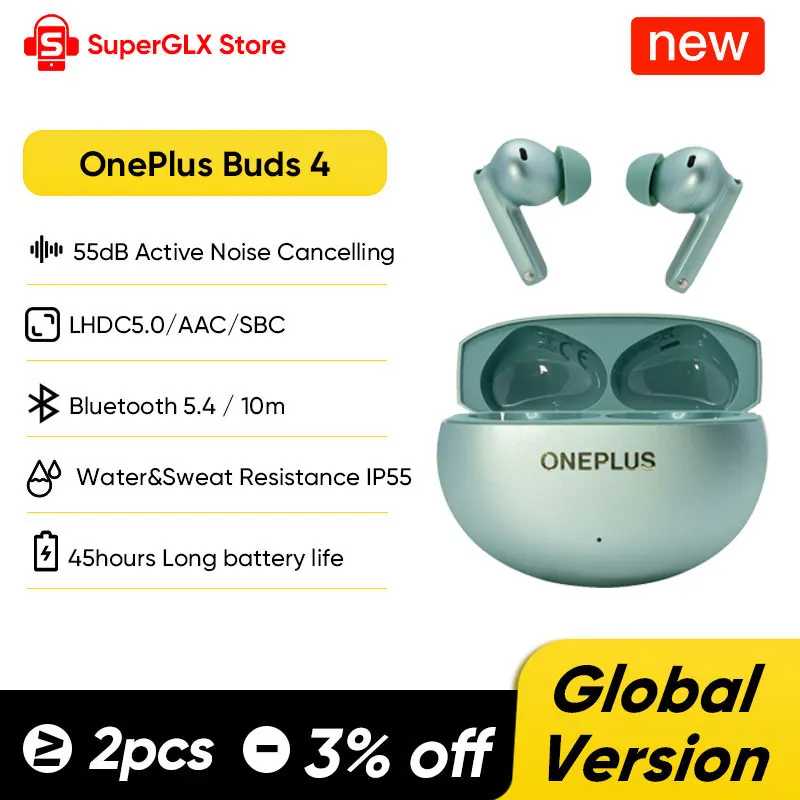 Глобальная версия OnePlus Buds 4: беспроводные наушники с ИИ-шумоподавлением при звонках (55 дБ), дальним радиусом действия, водонепроницаемостью IP55, портативные. Портативное аудио и видео