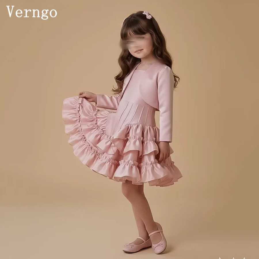 Детское праздничное платье Verngo из розового атласа, мини, с круглым вырезом, длинными рукавами, А-силуэт, многоярусное, с цветами, скромное, на заказ Свадебные вечерние платья