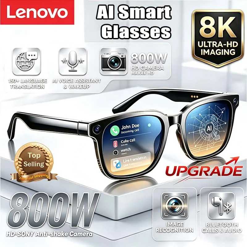 Умные очки Lenovo AI с HD-камерой 8 МП, беспроводной связью Bluetooth, функцией звонков и перевода, распознаванием объектов, для мужчин и женщин Умная электроника