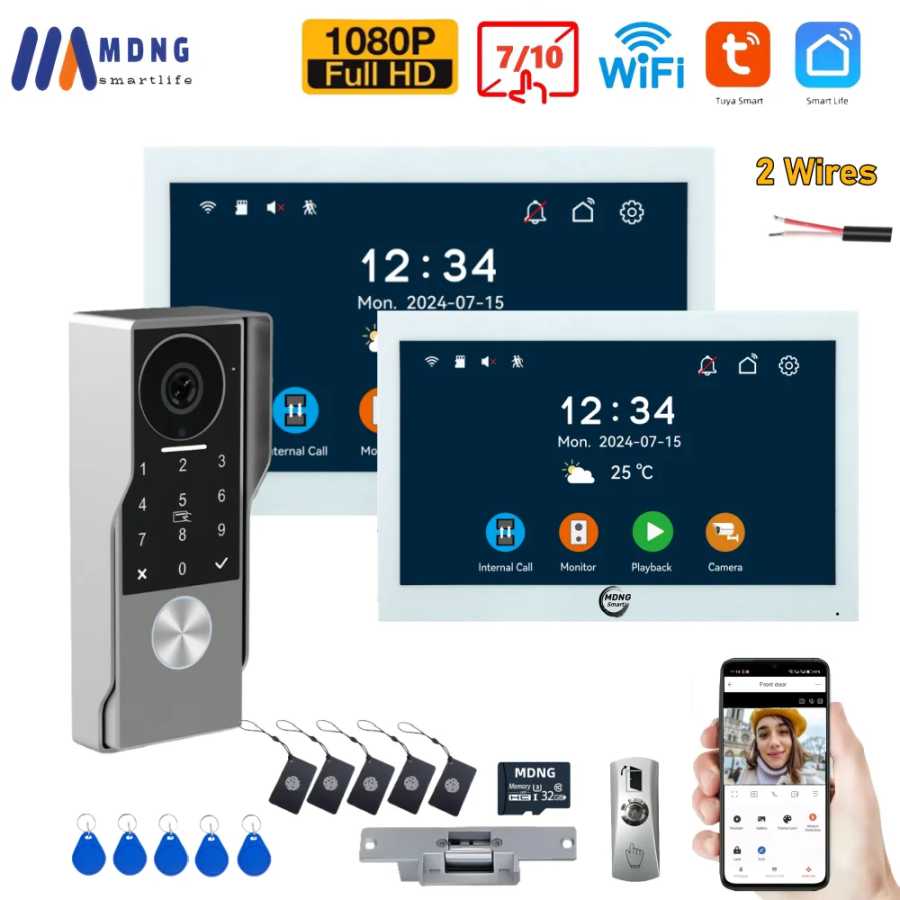 2-проводной видеодомофон HD 1080P Tuya Wi-Fi видеодомофон умный домашний дверной звонок камера 7 '' цветной сенсорный экран пароль разблокировка двери Доступ к автоматизации здания