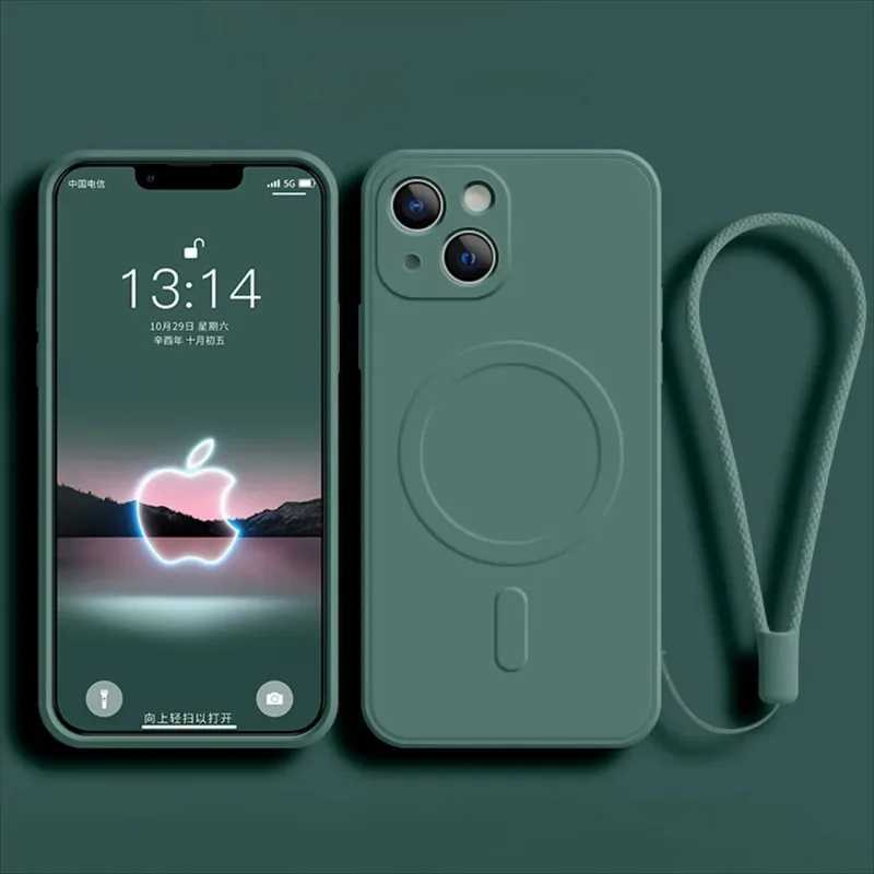 Магнитный чехол для беспроводной зарядки Magsafe для IPhone 15, 16, 14, 13, 12, 11 Pro Max Mini XR XS Plus, мягкий жидкий силиконовый чехол с ремешком Чехлы и чехлы для мобильных телефонов