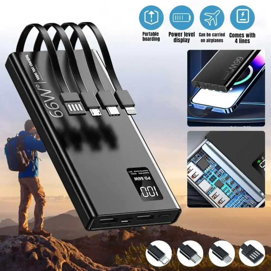 Power Bank 50000 мАч для Xiaomi iPhone Samsung 66 Вт, сверхбыстрая зарядка для 22,5 Вт, встроенный 4 кабеля, портативный цифровой внешний аккумулятор Аксессуары для мобильных телефонов