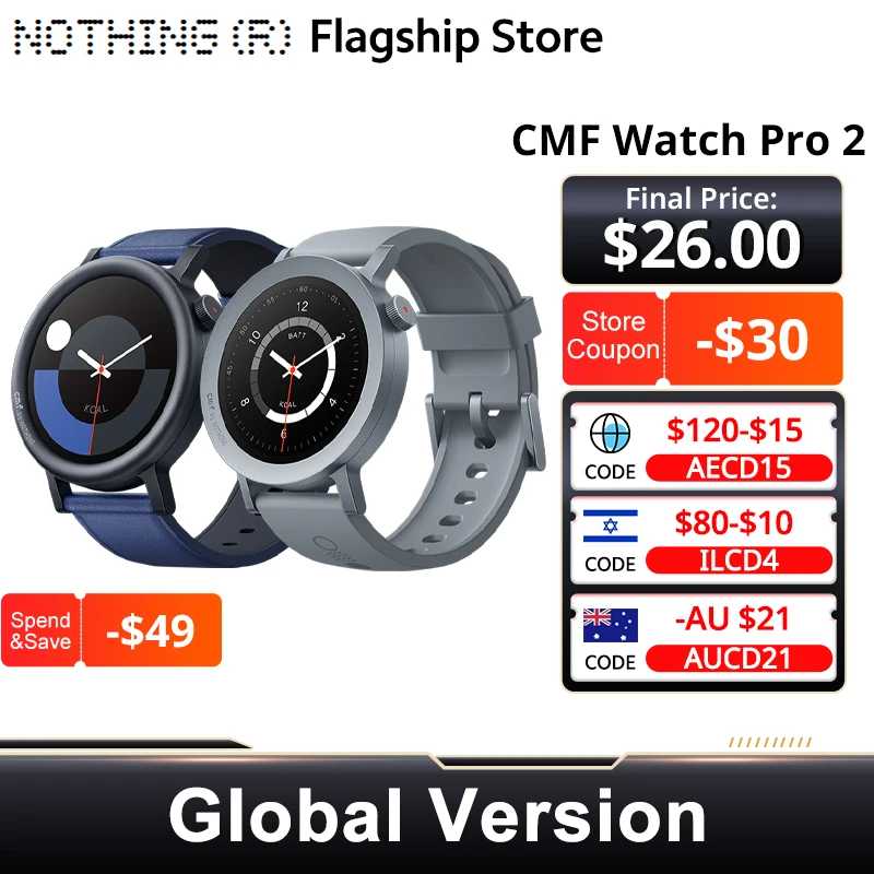 CMF от Nothing Watch Pro 2 Глобальная версия BLUETOOTH CALLS 1,32 дюйма AMOLED 60 FPS Дисплей 11-дневный срок службы батареи Мониторы SpO2 GPS Умная электроника