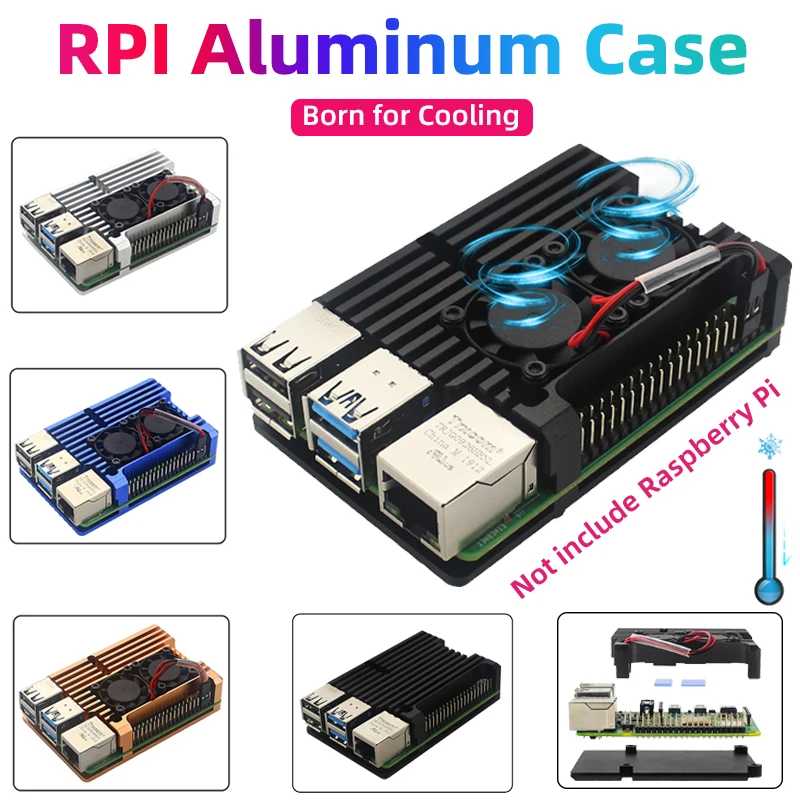 Raspberry Pi 4 Model B 3B+ 3B Алюминиевый корпус Двойной вентилятор Металлический корпус Дополнительный вентилятор Радиаторы Пассивное охлаждение для Raspberry Pi 4 3 Компьютерные комплектующие