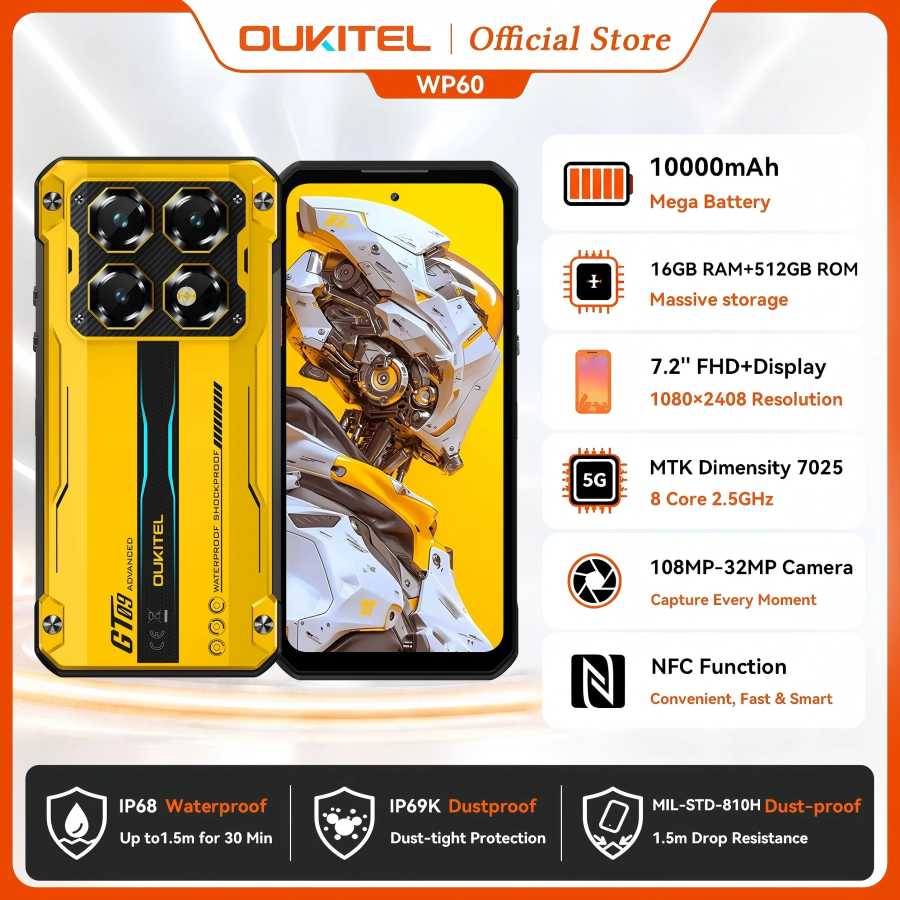 Смартфон OUKITEL WP60 5G NFC, 10000 мАч, 48 ГБ (16+32) + 512 ГБ, прочный телефон MTK 7025, Android 15, камера 108 МП, 120 Гц Мобильные телефоны