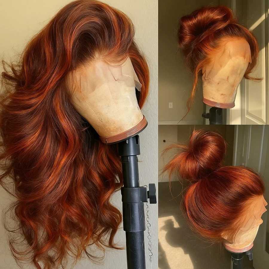 Парик из натуральных волос 4/350 Highlight Ombre Body Wave, 13x6 с кружевной передней частью, имбирно-оранжево-коричневый, с эффектом водной волны, 13x4 с фронтальной кружевной вставкой Парики из натуральных волос (для брюнетов)