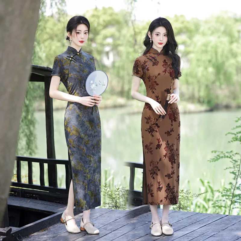 Винтажное китайское традиционное длинное вечернее платье Cheongsam, бархатные вечерние платья с цветочным принтом, женские платья, элегантное повседневное тонкое Ципао Этническая одежда