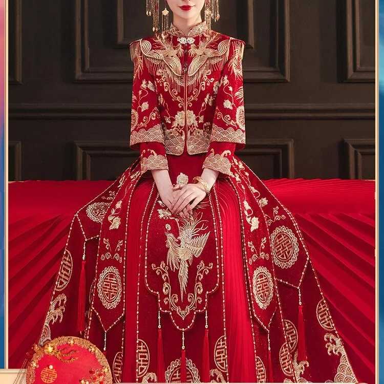 Женское традиционное свадебное платье Yourqipao, платье с вышивкой Феникс и воротником-стойкой в старинном китайском стиле, летний костюм Этническая одежда