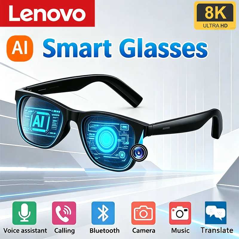 Умные солнцезащитные очки Lenovo AI с сенсорным управлением, камерой 8K HD, функцией записи, переводчиком, голосовым помощником, музыкой и Bluetooth Умная электроника