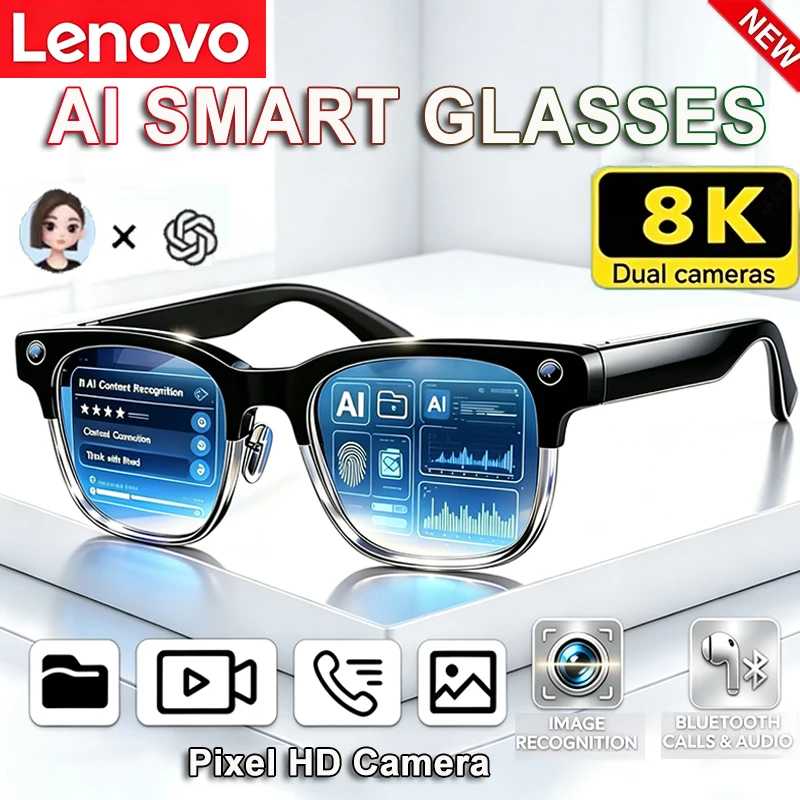 Умные очки Lenovo 8K HD AI: AI-перевод, звонки без рук, AI-чат, запись, воспроизведение музыки, смарт-очки для мужчин Умная электроника