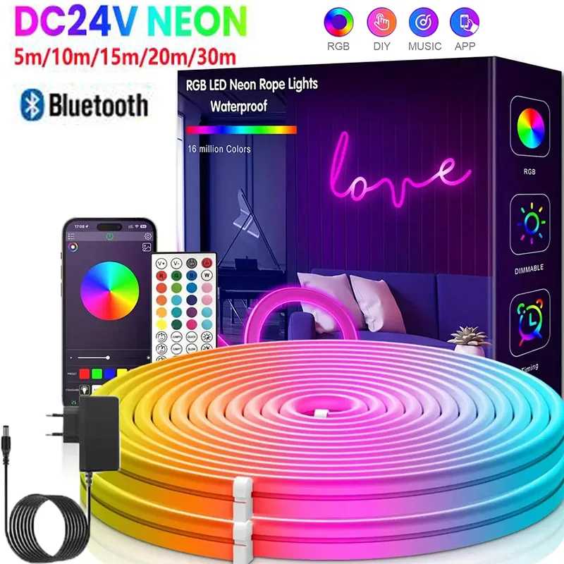 Светодиодная неоновая лента RGB 3535 с Bluetooth, синхронизацией музыки, водонепроницаемая, 24В, с вилкой EU, 5/10/15/20/30 м, для внутреннего и наружного декора Светодиодная подсветка