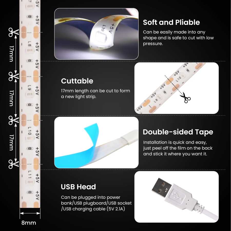 Фотография №3 товара Светодиодная лента 5 В, USB диммер/переключатель, белая, теплая, синяя, водонепроницаемая