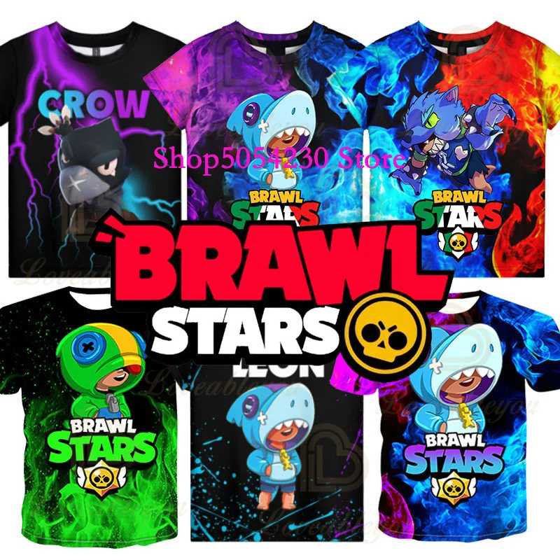 Летние футболки для мальчиков с принтом Brawl Stars: Леон, мультяшные персонажи, костюмы для косплея, футболка с изображением ворона, подарки на Рождество Костюмы для косплея