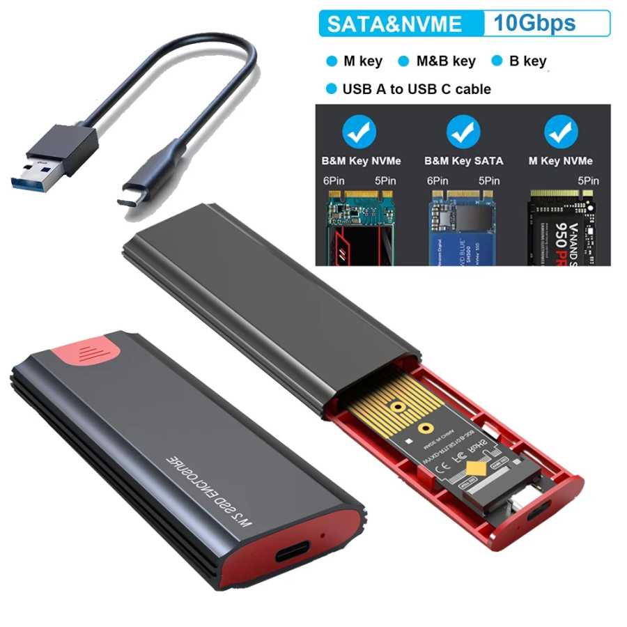Корпус M2 SSD Корпус M.2 NVMe SATA SSD Адаптер 10 Гбит/с USB 3.2 Gen2 USB C Внешний корпус Поддержка клавиш M, B, B&M Хранение данных