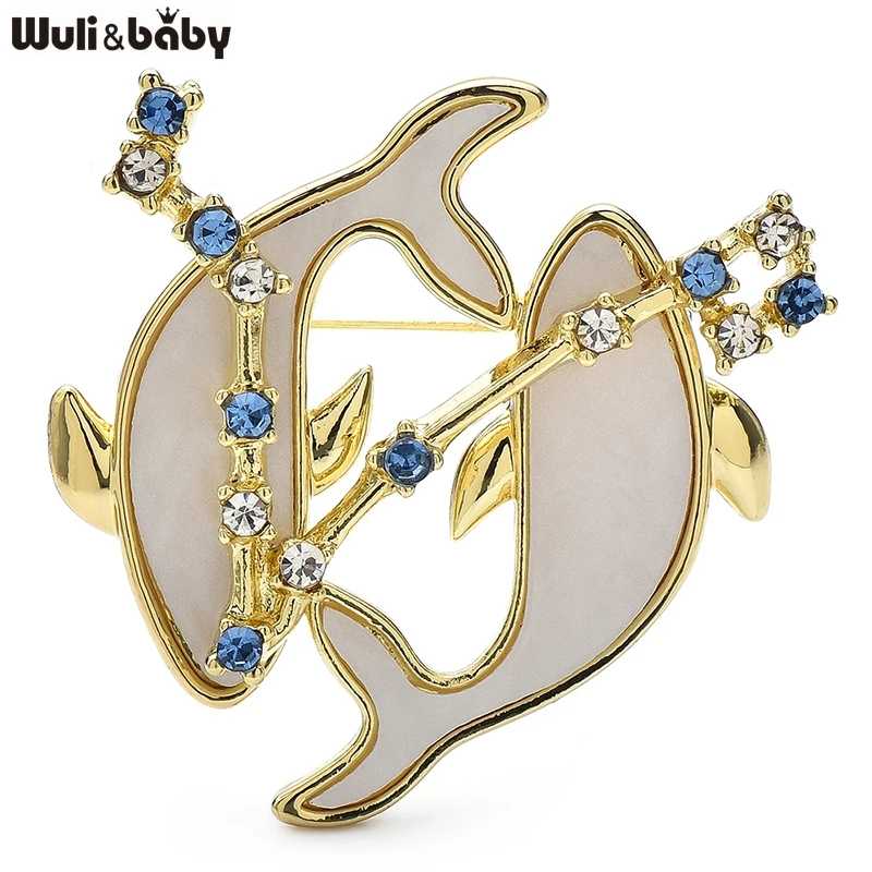 Wuli&baby Zodiac Рыбы 2, брошь в виде ракушки дельфинов, булавки, синий и прозрачный кристалл, значок в виде животного, ювелирные изделия, подарок для костюма и платья Бижутерия