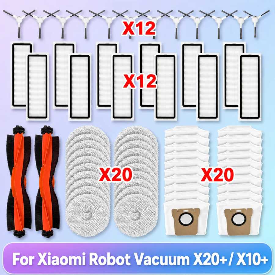 Подходит для Xiaomi Robot Vacuum X20+, X10+ / X20 Plus, X10 Plus Запасные части Аксессуары Основной ролик Боковая щетка Фильтр Гепа Панно для чистки Пылесборник Запчасти для бытовой техники