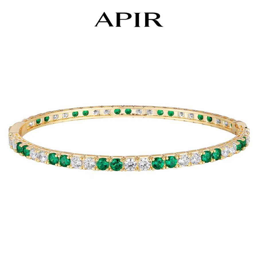 Позолоченный браслет APIR 14K с кубическим цирконием 5А для женщин, зеленый циркон, сверкающие браслеты, для повседневной носки, многослойные, роскошные украшения Ювелирные изделия