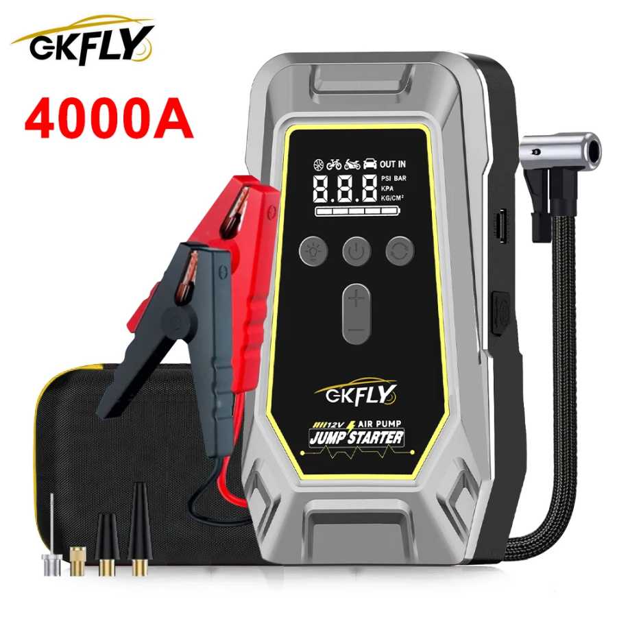 Портативное пусковое устройство GKFLY 4000A с функцией Power Bank и компрессором для накачивания шин 150 PSI, для запуска автомобильных аккумуляторов Автоэлектроника