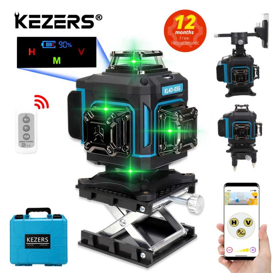KEZERS Display Зеленый лазерный уровень 16 линий 4D 360 KL4D-03G 1 шт. 4000 мАч литий-ионный аккумулятор лазерный уровень чемодан с дистанционным управлением Инструменты для измерения и анализа