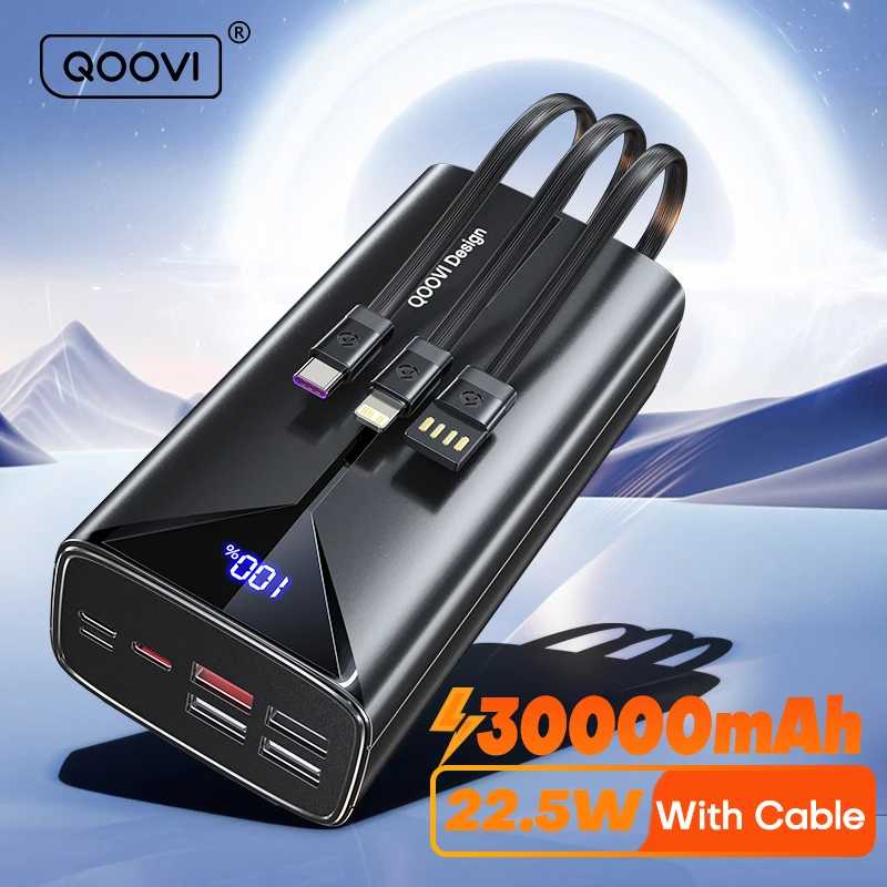 QOOVI 30000 мАч Power Bank 22,5 Вт Быстрая зарядка Встроенный кабель Внешняя большая батарея Портативное зарядное устройство для iPhone Samsung Xiaomi Аксессуары для мобильных телефонов